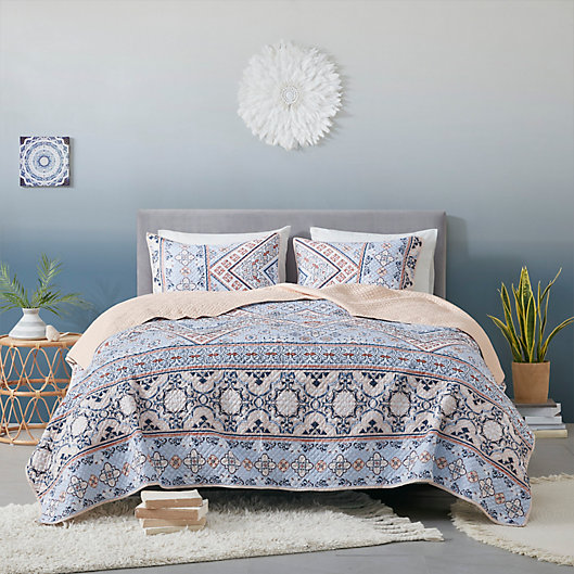 Alternate image 1 for Madison Park® Anisa Printed Microfiber 3-Piece Full/Queen Coverlet Set in Blue/Blush