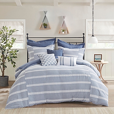 Madison Park Signature Noble 8-Piece Cotton Oversized Queen Comforter Set in Blue. View a larger version of this product image.
