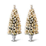 Glitzhome&reg; 5-Foot Flocked Pine Lit Christmas Porch Trees w/ White LED Lights (Set of 2)