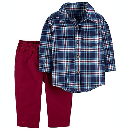 Alternate image 1 for carter's® Size 9M 2-Piece Plaid Button-Front and Pant Set in Navy/Burgundy