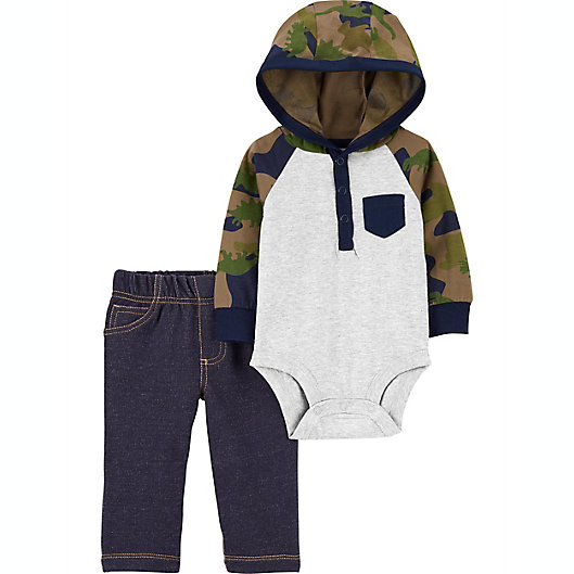 Alternate image 1 for carter's® 2-Piece Hooded Bodysuit and Pant Set in Green/Blue
