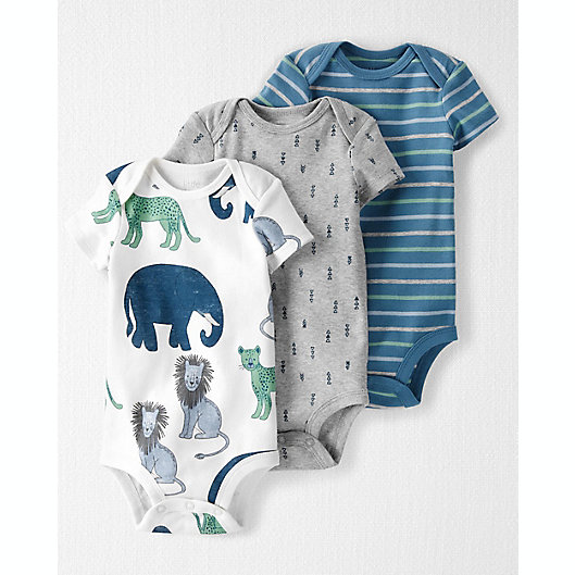 Alternate image 1 for carter's® Size 18M 3-Pack Animals Stripes Organic Cotton Rib Bodysuits in White/Grey