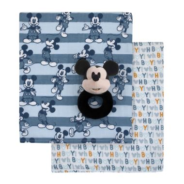 Disney Baby&reg; 3-Piece Mickey Mouse Swaddle Set with Rattle in Blue. View a larger version of this product image.
