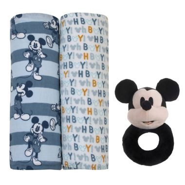 Disney Baby&reg; 3-Piece Mickey Mouse Swaddle Set with Rattle in Blue. View a larger version of this product image.