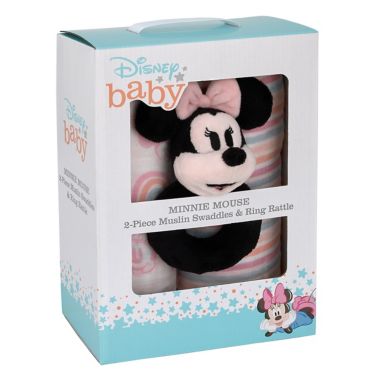 Disney Baby&reg; 3-Piece Minnie Mouse Swaddle Set with Rattle in Pink. View a larger version of this product image.