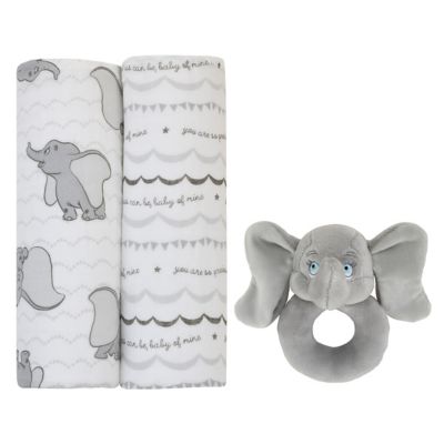 Disney Baby&reg; 3-Piece Dumbo Swaddle Set with Rattle in Grey/White