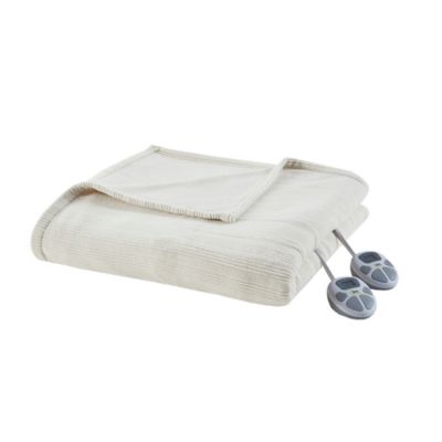 Serta&reg; Ribbed Micro Fleece Heated Twin Blanket in Ivory