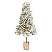 Nearly Natural 5-Foot Leaning Flocked Pine Pre-Lit Christmas Tree with White LED Lights
