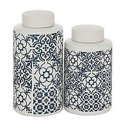 Ridge Road Decor 2-Piece Ceramic Country Cottage Decorative Jars Set in Blue/White