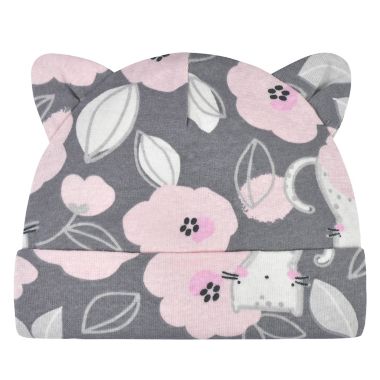 Gerber&reg; Size 0-6M 4-Piece Floral Caps and Mittens Set in Grey. View a larger version of this product image.