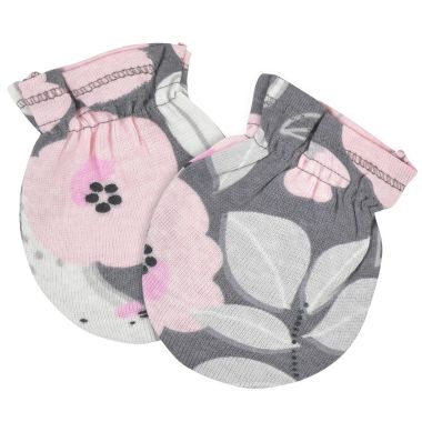 Gerber&reg; Size 0-6M 4-Piece Floral Caps and Mittens Set in Grey. View a larger version of this product image.