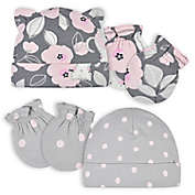 Gerber&reg; 4-Piece Floral Caps and Mittens Set in Grey