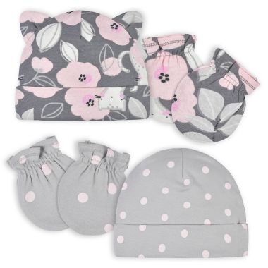 Gerber&reg; Size 0-6M 4-Piece Floral Caps and Mittens Set in Grey. View a larger version of this product image.