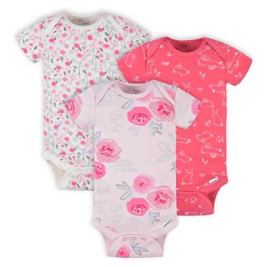 Gerber&reg; Size 6-9M 3-Pack Roses Short Sleeve Onesies&reg; Bodysuits in Pink. View a larger version of this product image.