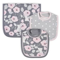 Gerber® 3-Piece Floral Bibs & Burp Set in Grey