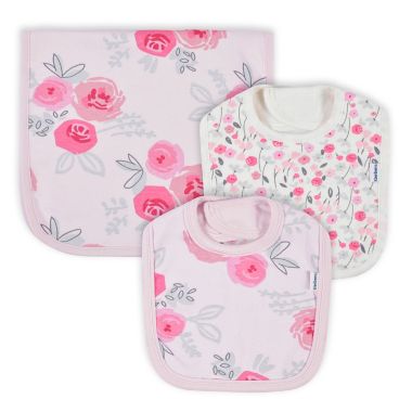 Gerber&reg; 3-Piece Roses Bibs &amp; Burp Closth Set in Pink. View a larger version of this product image.