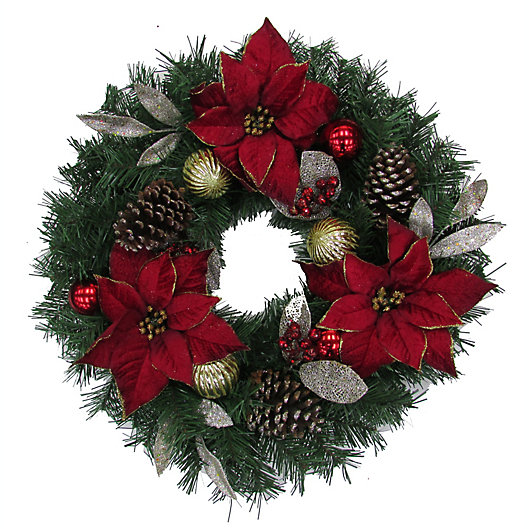 Alternate image 1 for Bee & Willow™ 26-Inch Traditional Artificial Poinsettia Wreath in Red/Gold