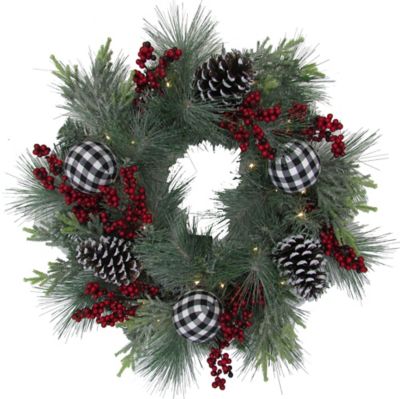 Bee &amp; Willow&trade; 20-Inch Pre-Lit Ball and Berry Flocked Christmas Wreath in Red/Green