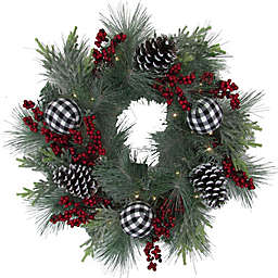 Bee & Willow™ 20-Inch Pre-Lit Ball and Berry Flocked Christmas Wreath in Red/Green