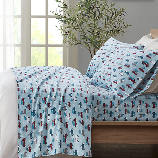 Alternate image 1 for True North by Sleep Philosophy Cozy Flannel 100% Cotton Printed Queen Sheet Set in Blue Cars