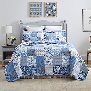 Laura Ashley&reg; Paisley Patchwork 3-Piece Reversible King Quilt Set in Blue. View a larger version of this product image.
