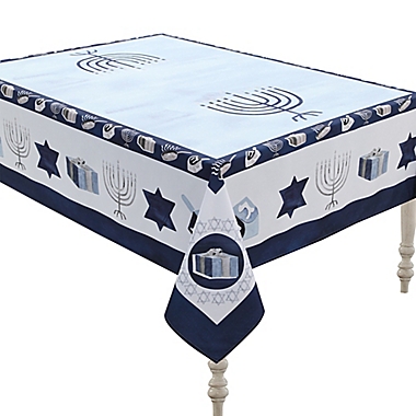 Laural Home Happy Hanukkah Tablecloth in White/Light Blue. View a larger version of this product image.