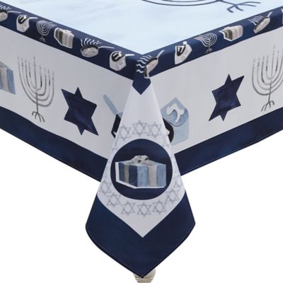 Laural Home Happy Hanukkah Tablecloth in White/Light Blue