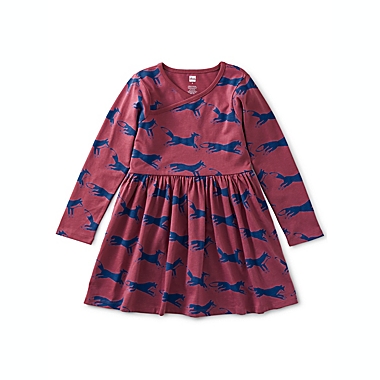 Tea Collection Size 4T Jumping Fox Wrap Neck Dress in Wine. View a larger version of this product image.