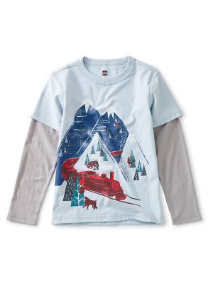 Tea Collection Snow Train Layered Graphic Tee in Blue