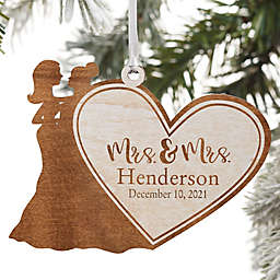 Wedding Couple Personalized Wood Ornament Mrs. & Mrs. Design in Whitewash