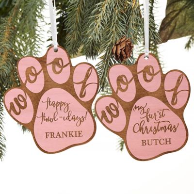 Happy Howl-idays Personalized Dog Ornament in Pink Stain