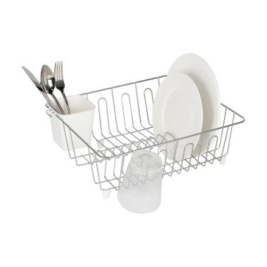 Simply Essential&trade; Small Dish Rack with Utensil Caddy in Chrome/White. View a larger version of this product image.