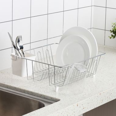 Simply Essential&trade; Small Dish Rack with Utensil Caddy in Chrome/White. View a larger version of this product image.