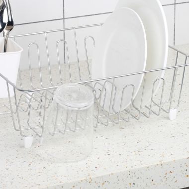 Simply Essential&trade; Small Dish Rack with Utensil Caddy in Chrome/White. View a larger version of this product image.