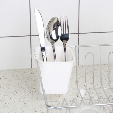 Simply Essential&trade; Small Dish Rack with Utensil Caddy in Chrome/White. View a larger version of this product image.