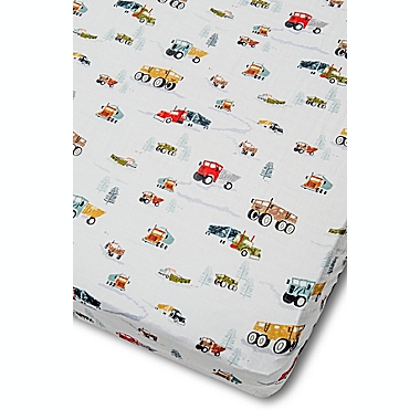 Loulou Lollipop&reg; Happy Trucks Muslin Fitted Crib Sheet in White. View a larger version of this product image.