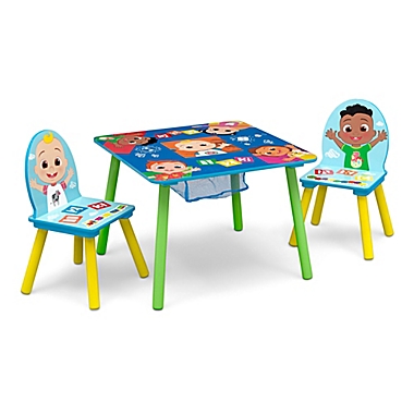 Delta Children CoComelon 3-Piece Table and Chair Set with Storage in Blue. View a larger version of this product image.