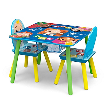 Delta Children CoComelon 3-Piece Table and Chair Set with Storage in Blue. View a larger version of this product image.