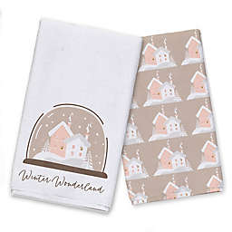 Designs Direct Winter Wonderland Snow Globe 2-Piece Tea Towel Set in Pink
