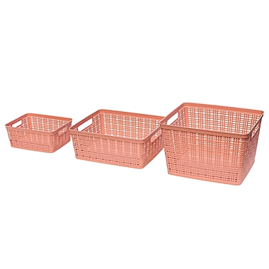 Simply Essential&trade; Medium Plastic Wicker Storage Basket in Coral Haze. View a larger version of this product image.