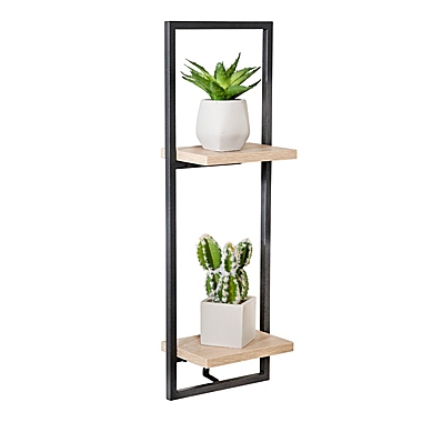 Honey-Can-Do&reg; Double Floating Wood Wall Shelf with Steel Frame in Black/Natural. View a larger version of this product image.