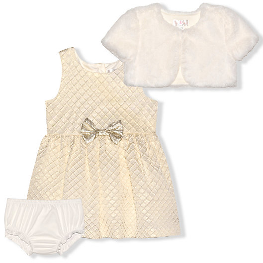 Alternate image 1 for Nannette Baby® Metallic Dress with Faux Fur Shrug in Gold/Ivory