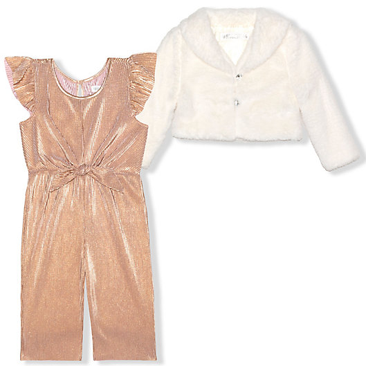 Alternate image 1 for Nannette Baby® Metallic Jumpsuit with Faux Fur Shrug in Soft Pink/Ivory