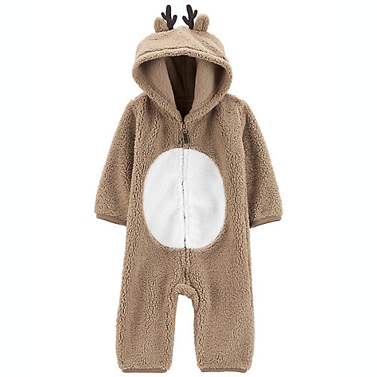 Alternate image 1 for carter's® Christmas Reindeer Sherpa Zip-Up Coverall in Brown