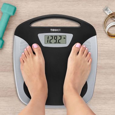 Conair&reg; Thinner&reg; Portable Digital Bathroom Scale in Black/Silver. View a larger version of this product image.