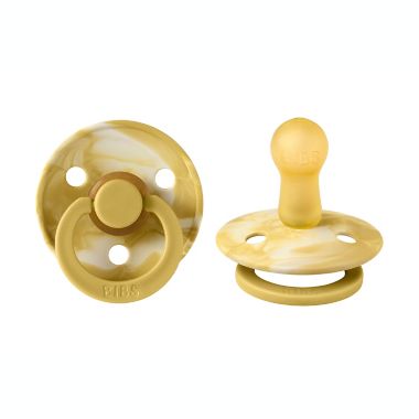 BIBS&reg; 6-18M 2-Pack Colour Tie-Dye Pacifiers in Ivory/Mustard. View a larger version of this product image.