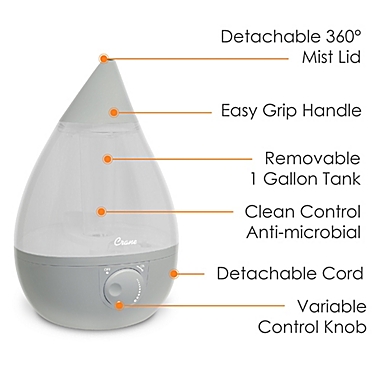 Crane Ultrasonic Cool-Mist Drop Shape Humidifier in Grey. View a larger version of this product image.