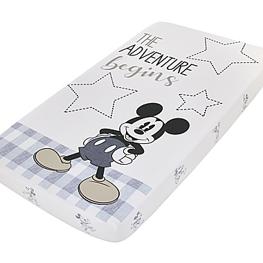 Disney&reg; Call Me Mickey Photo Op Fitted Crib Sheet in Blue. View a larger version of this product image.