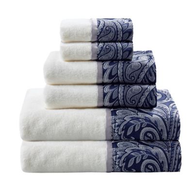 6pc Charlotte Jacquard Towel Set Navy: Madison Park Cotton Bath & Fingertip Towels, OEKO-TEX Certified