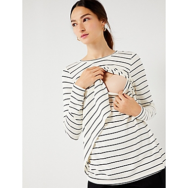 A Pea in the Pod Small Long Sleeve Striped Pull Over Nursing Tee in Black/White. View a larger version of this product image.